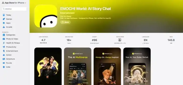 App Store 商店页：EMOCHI World: AI Story Chat、4.7 分、18+ 评级与 145.6MB 体积