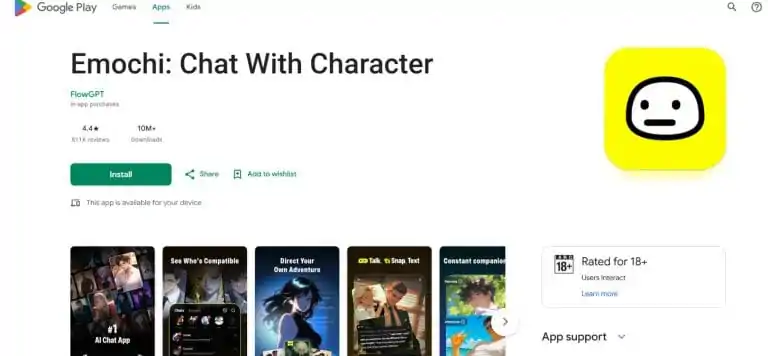 Google Play 商店页：开发者 FlowGPT、4.4 星、10M+ 下载与成人分级标识