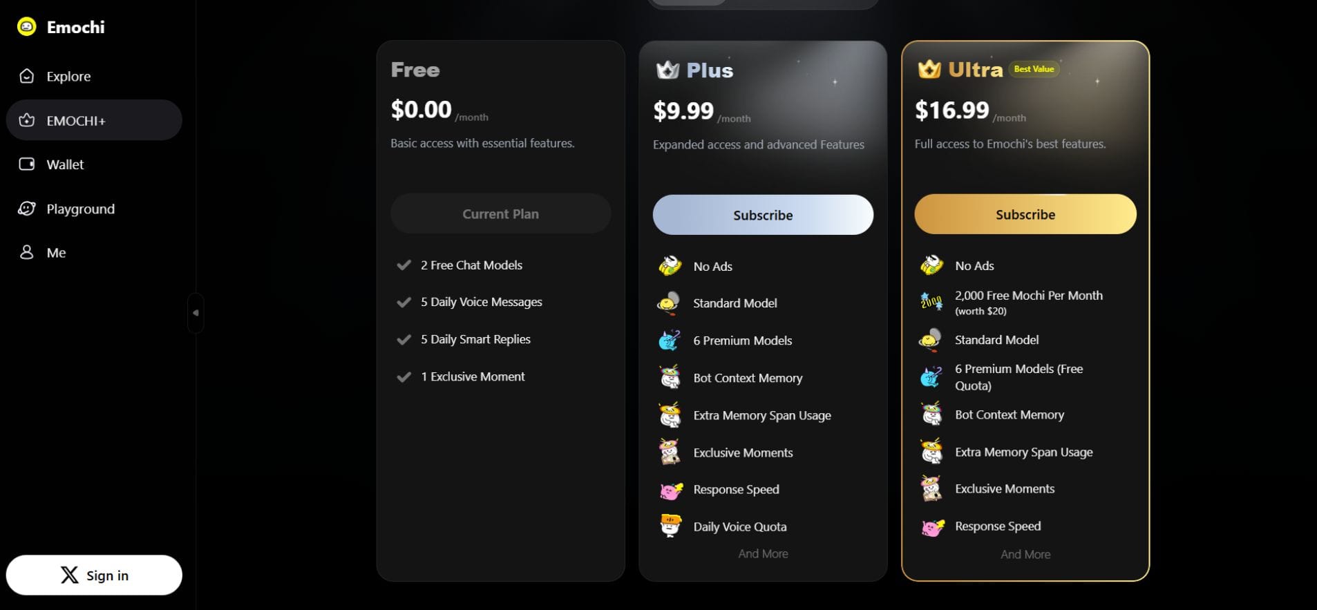 官方订阅页截图：Free、Plus、Ultra 三档方案卡片